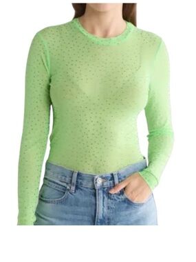 AFRM Neon Green Rhinestone Mesh Long-Sleeve Top
